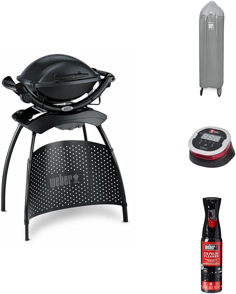 Bundle - Weber Q1400 Electric Grill with Stand Original Electric BBQ Freestanding Barbeque with Lid Porcelain-Enamelled Bowl & Cast Iron Grates Compact BBQ Electric Outdoor Stove