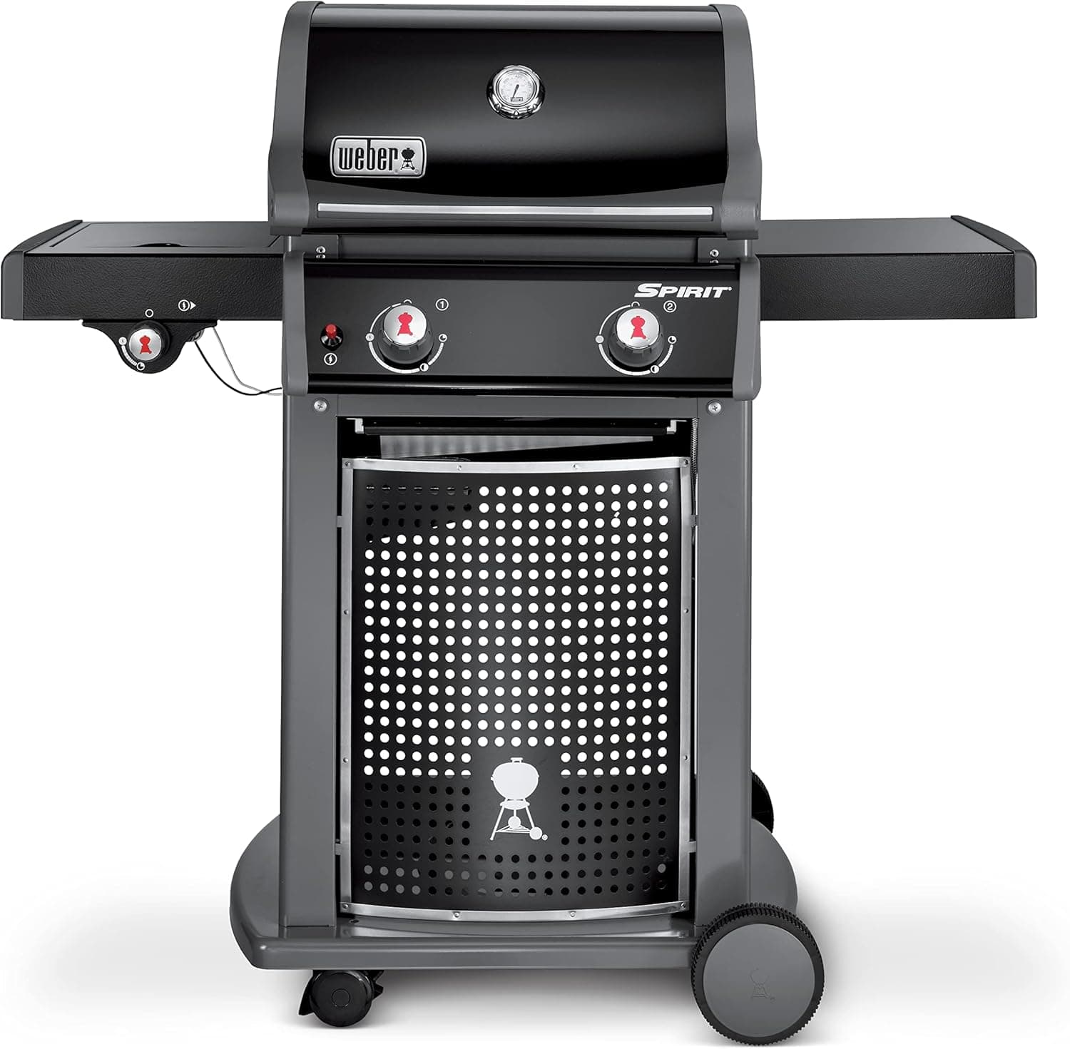 Weber Spirit E-220 Classic Gas Grill, 2 Burners + Side Burner, 52 x 45cm Grill Area, Warming Rack, Lid Thermometer, Foldable Side Table (Right), 4 Wheels - Black (46015074)