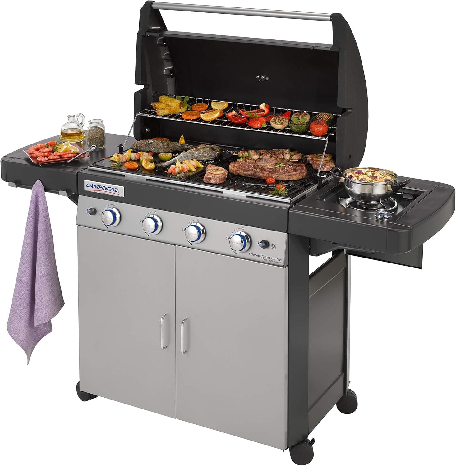 Campingaz 4 Series Classic LS Plus Gas BBQ 4 Burner Gas Barbecue Grill 12.8 KW Power Instaclean Easy Cleaning System Cast Iron Grid and Griddle with Side Burner