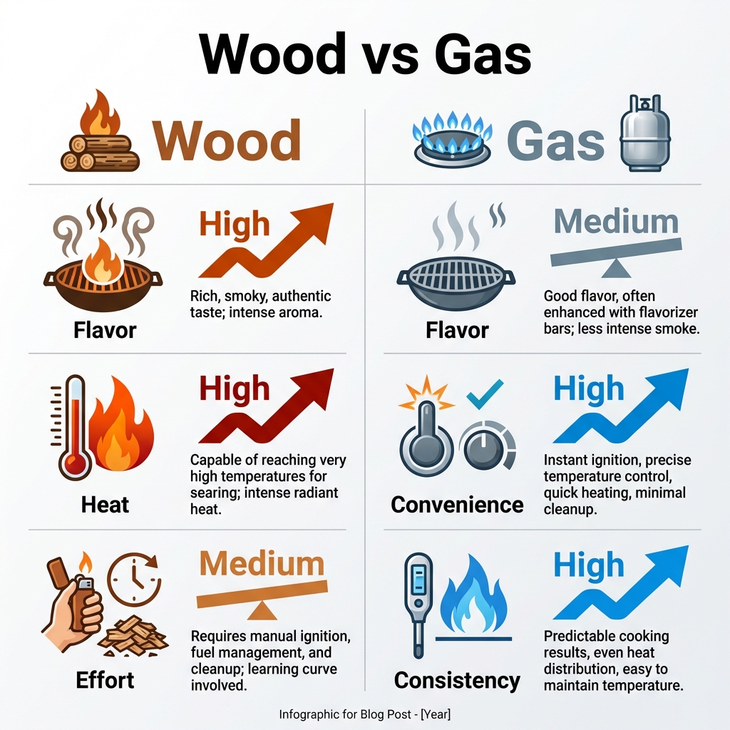 Infographic comparing wood and gas pizza ovens across flavor, heat, convenience, effort, and consistency