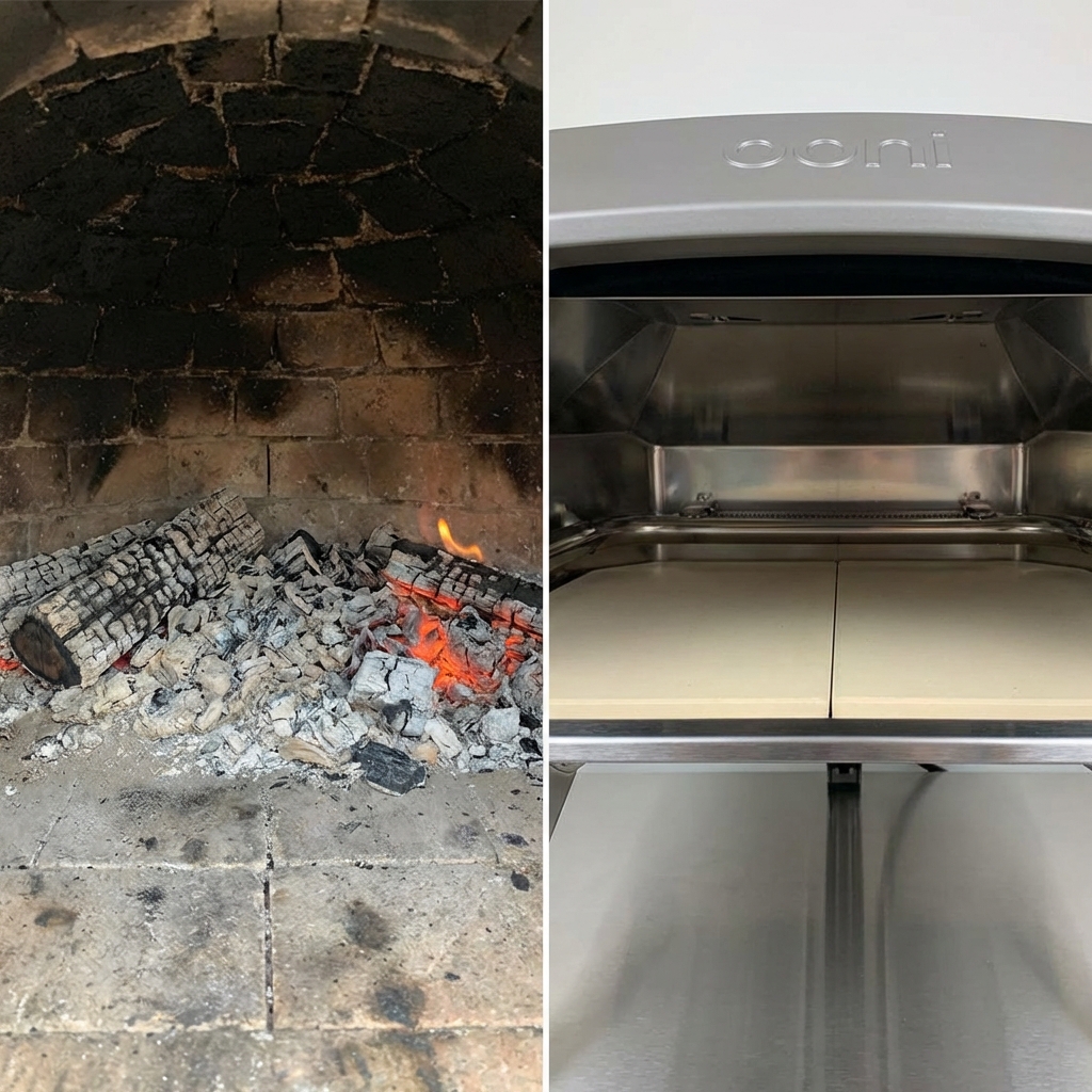 Comparison of wood oven with ash buildup versus clean gas oven interior