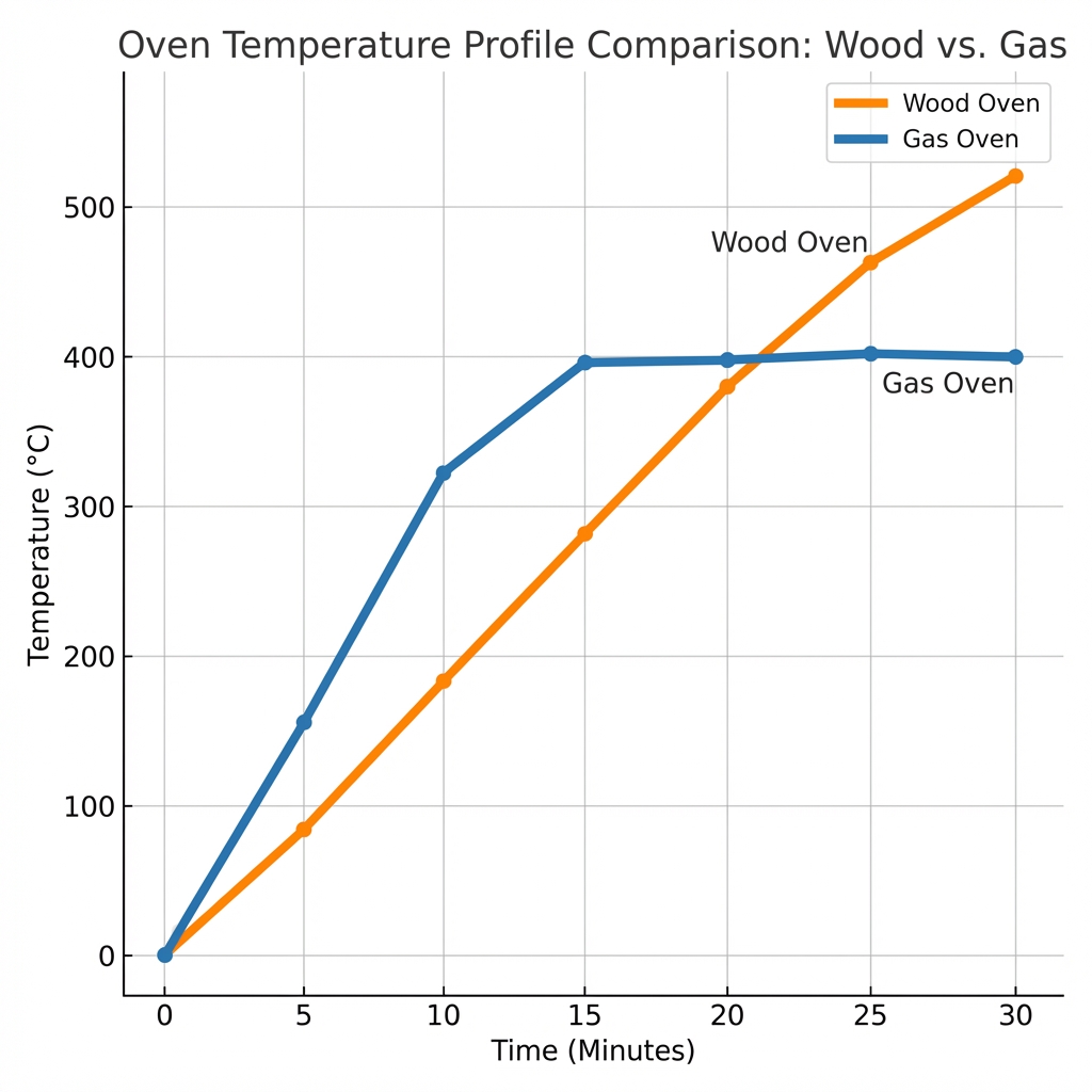 Temperature curve comparison showing wood ovens reach 500°C but take 20-30 minutes, gas reaches 300°C in 15 minutes
