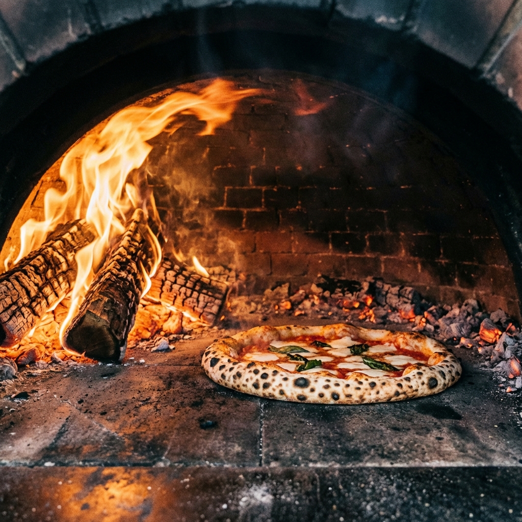 Wood-fired pizza oven interior with roaring fire showing leopard spotting on pizza